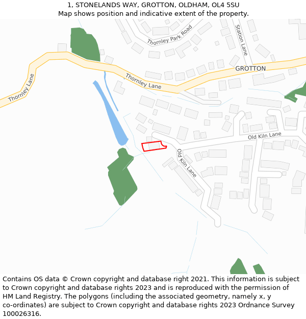 1, STONELANDS WAY, GROTTON, OLDHAM, OL4 5SU: Location map and indicative extent of plot