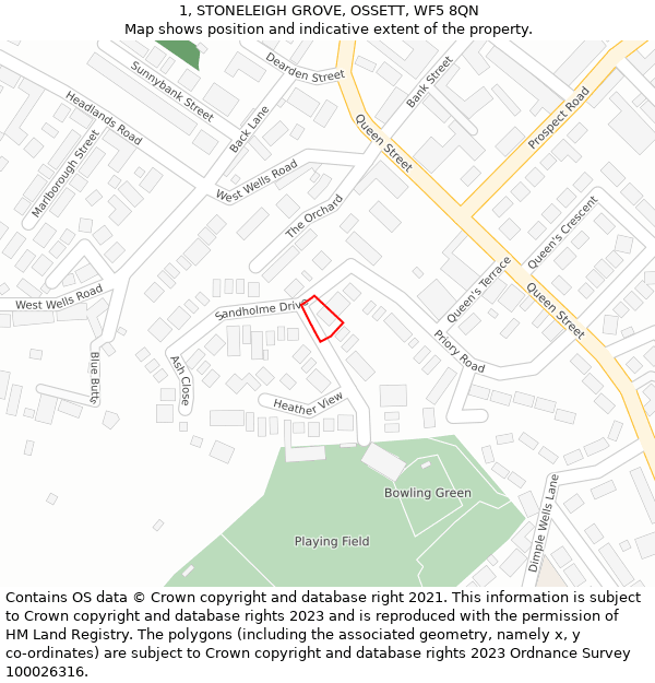 1, STONELEIGH GROVE, OSSETT, WF5 8QN: Location map and indicative extent of plot