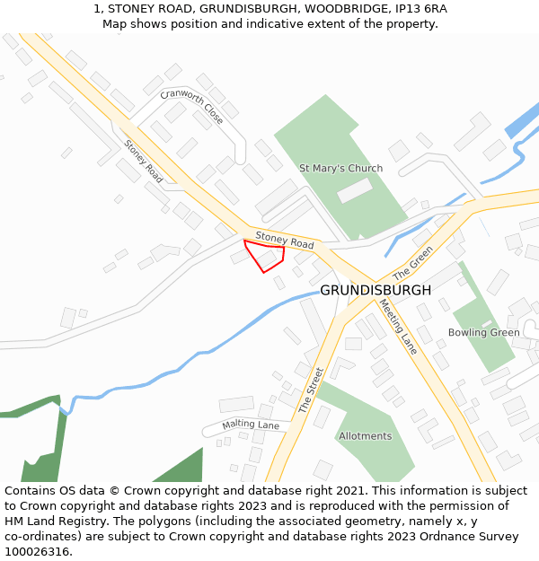 1, STONEY ROAD, GRUNDISBURGH, WOODBRIDGE, IP13 6RA: Location map and indicative extent of plot