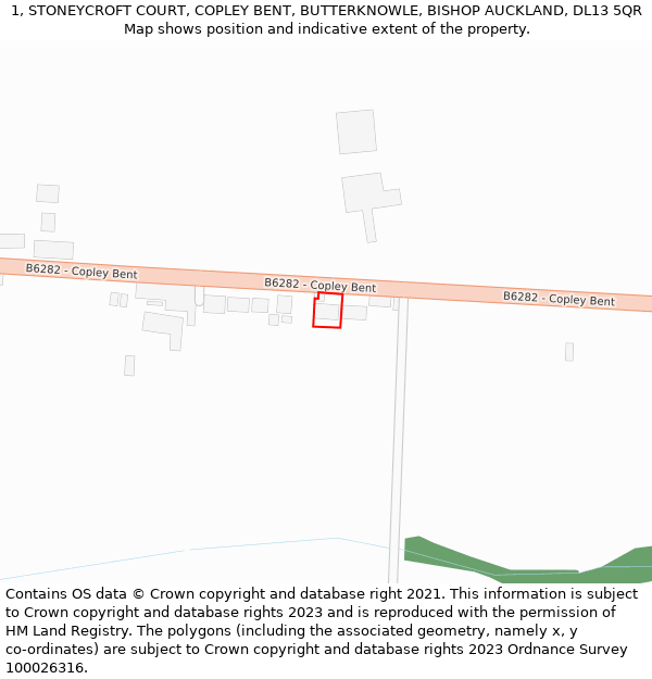 1, STONEYCROFT COURT, COPLEY BENT, BUTTERKNOWLE, BISHOP AUCKLAND, DL13 5QR: Location map and indicative extent of plot