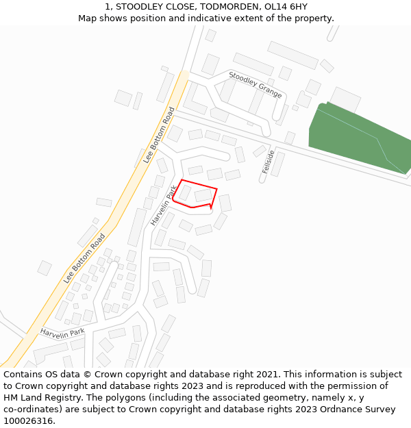 1, STOODLEY CLOSE, TODMORDEN, OL14 6HY: Location map and indicative extent of plot