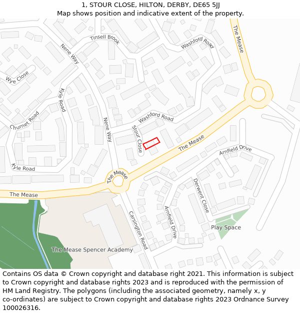 1, STOUR CLOSE, HILTON, DERBY, DE65 5JJ: Location map and indicative extent of plot