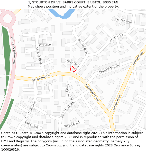 1, STOURTON DRIVE, BARRS COURT, BRISTOL, BS30 7AN: Location map and indicative extent of plot