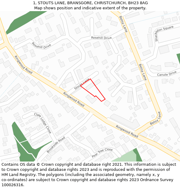 1, STOUTS LANE, BRANSGORE, CHRISTCHURCH, BH23 8AG: Location map and indicative extent of plot