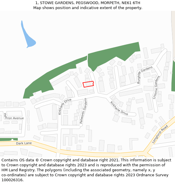 1, STOWE GARDENS, PEGSWOOD, MORPETH, NE61 6TH: Location map and indicative extent of plot