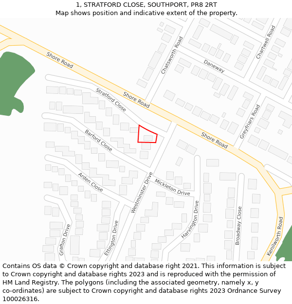 1, STRATFORD CLOSE, SOUTHPORT, PR8 2RT: Location map and indicative extent of plot