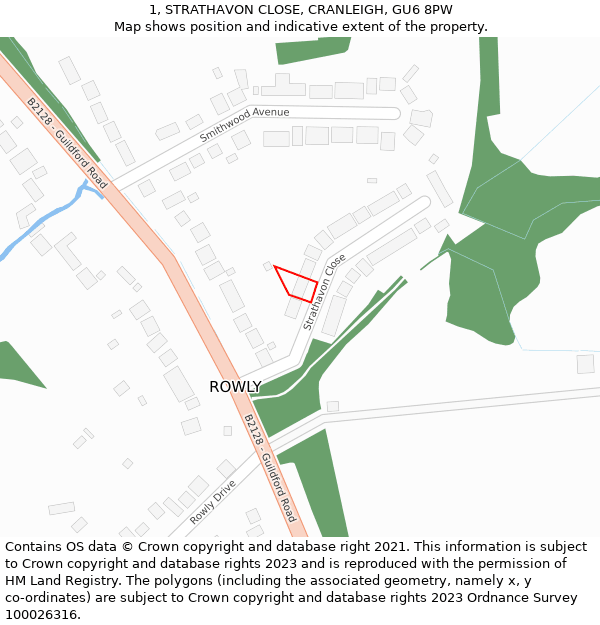 1, STRATHAVON CLOSE, CRANLEIGH, GU6 8PW: Location map and indicative extent of plot