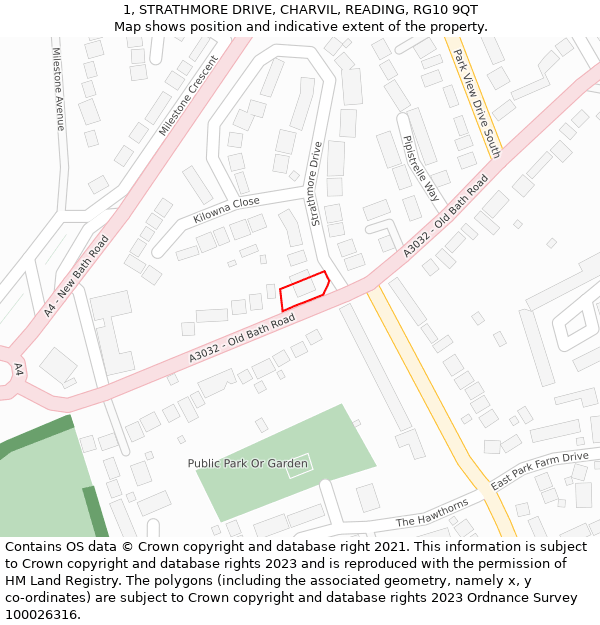 1, STRATHMORE DRIVE, CHARVIL, READING, RG10 9QT: Location map and indicative extent of plot