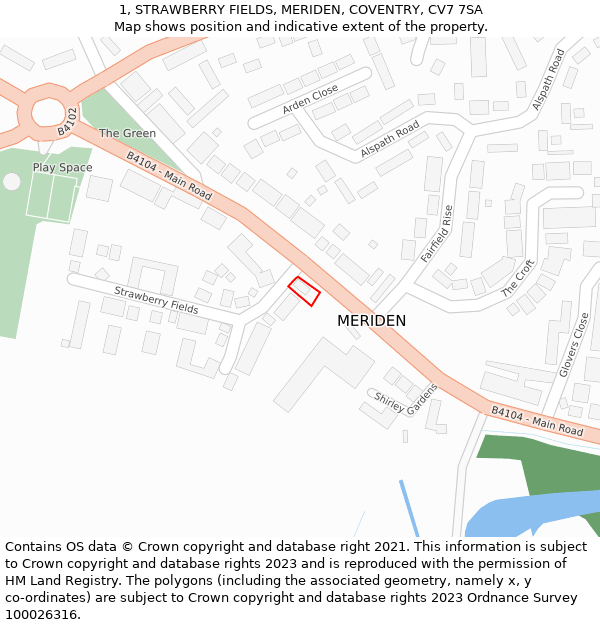 1, STRAWBERRY FIELDS, MERIDEN, COVENTRY, CV7 7SA: Location map and indicative extent of plot