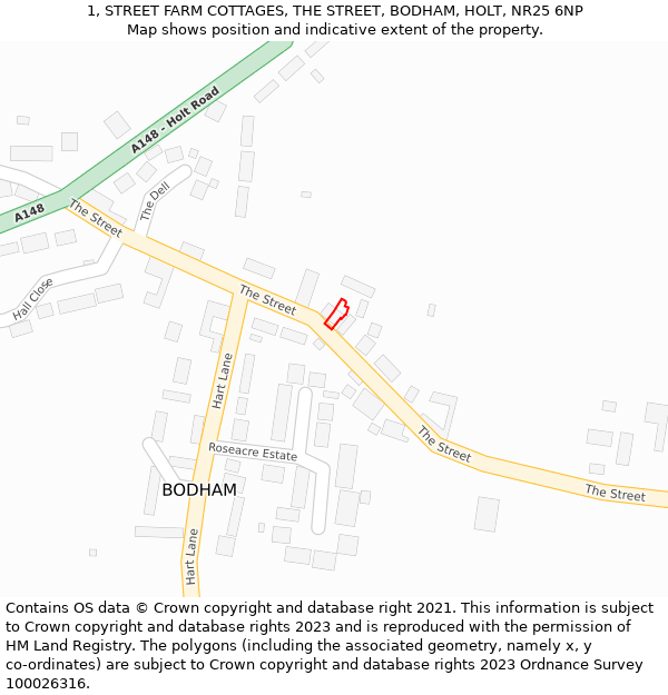 1, STREET FARM COTTAGES, THE STREET, BODHAM, HOLT, NR25 6NP: Location map and indicative extent of plot