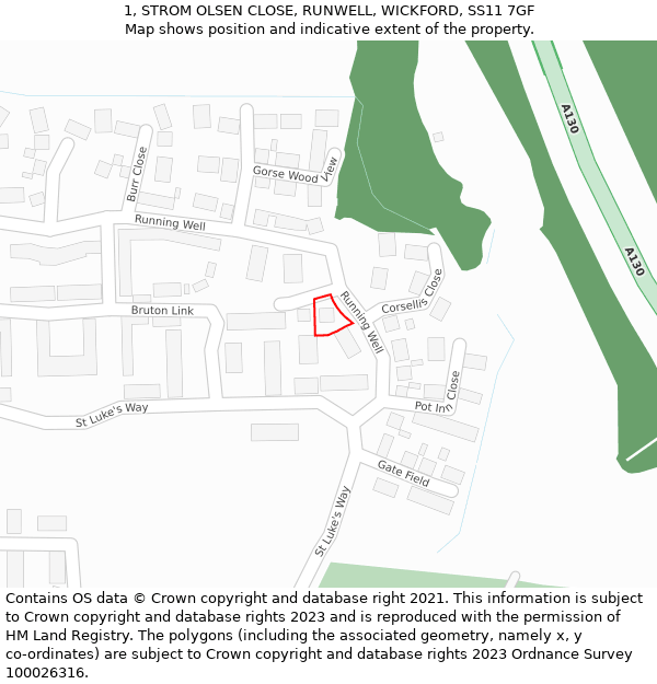 1, STROM OLSEN CLOSE, RUNWELL, WICKFORD, SS11 7GF: Location map and indicative extent of plot