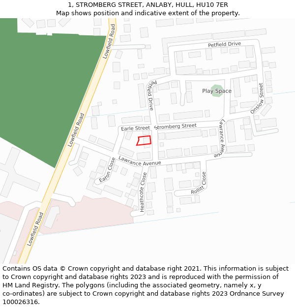 1, STROMBERG STREET, ANLABY, HULL, HU10 7ER: Location map and indicative extent of plot