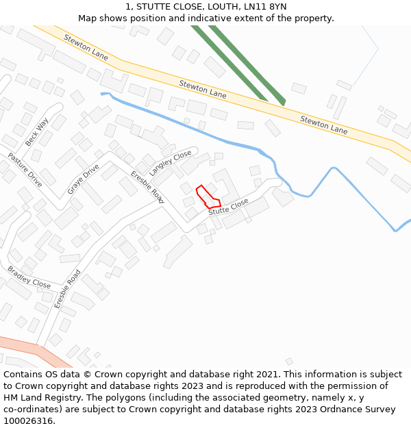 1, STUTTE CLOSE, LOUTH, LN11 8YN: Location map and indicative extent of plot