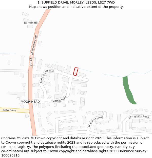 1, SUFFIELD DRIVE, MORLEY, LEEDS, LS27 7WD: Location map and indicative extent of plot