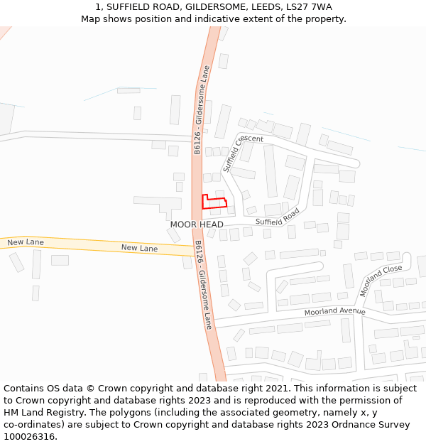 1, SUFFIELD ROAD, GILDERSOME, LEEDS, LS27 7WA: Location map and indicative extent of plot