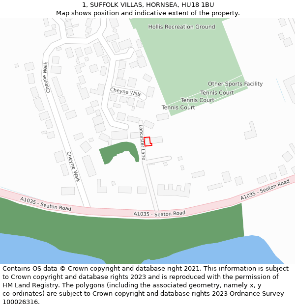 1, SUFFOLK VILLAS, HORNSEA, HU18 1BU: Location map and indicative extent of plot