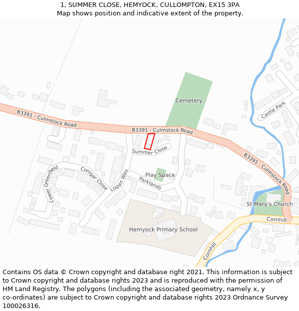 1, SUMMER CLOSE, HEMYOCK, CULLOMPTON, EX15 3PA: Location map and indicative extent of plot