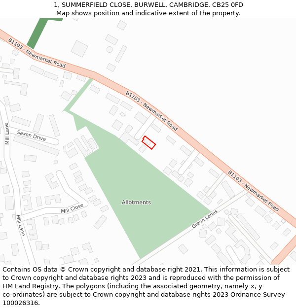 1, SUMMERFIELD CLOSE, BURWELL, CAMBRIDGE, CB25 0FD: Location map and indicative extent of plot