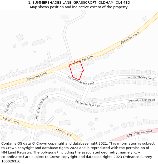 1, SUMMERSHADES LANE, GRASSCROFT, OLDHAM, OL4 4ED: Location map and indicative extent of plot