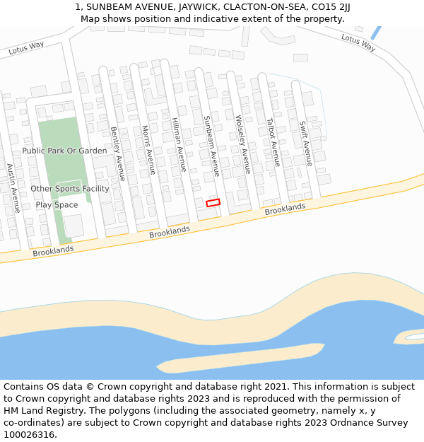 1, SUNBEAM AVENUE, JAYWICK, CLACTON-ON-SEA, CO15 2JJ: Location map and indicative extent of plot