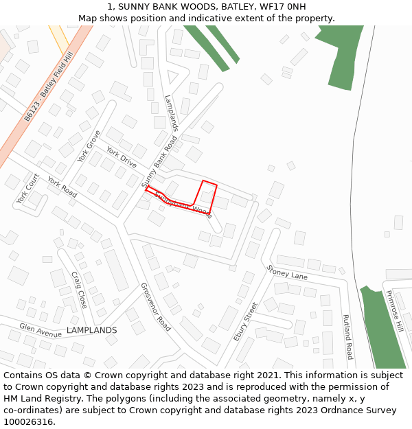 1, SUNNY BANK WOODS, BATLEY, WF17 0NH: Location map and indicative extent of plot