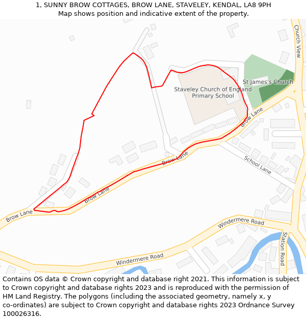 1, SUNNY BROW COTTAGES, BROW LANE, STAVELEY, KENDAL, LA8 9PH: Location map and indicative extent of plot