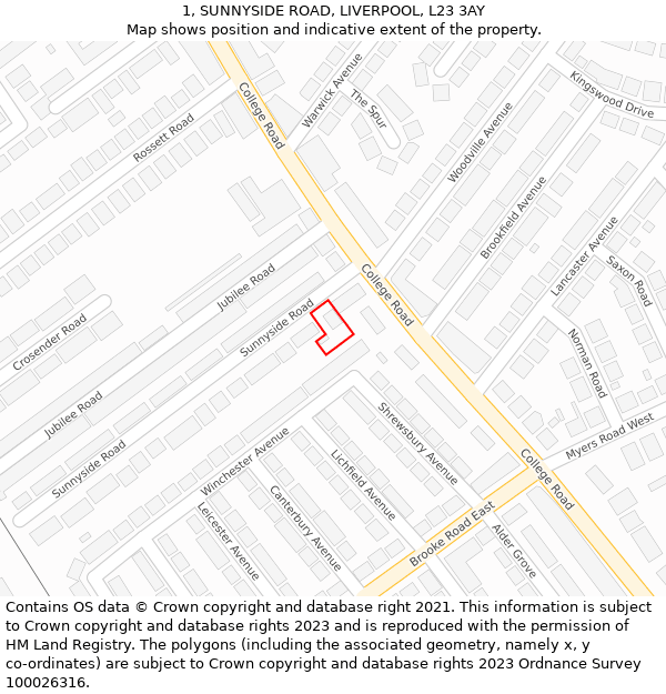 1, SUNNYSIDE ROAD, LIVERPOOL, L23 3AY: Location map and indicative extent of plot