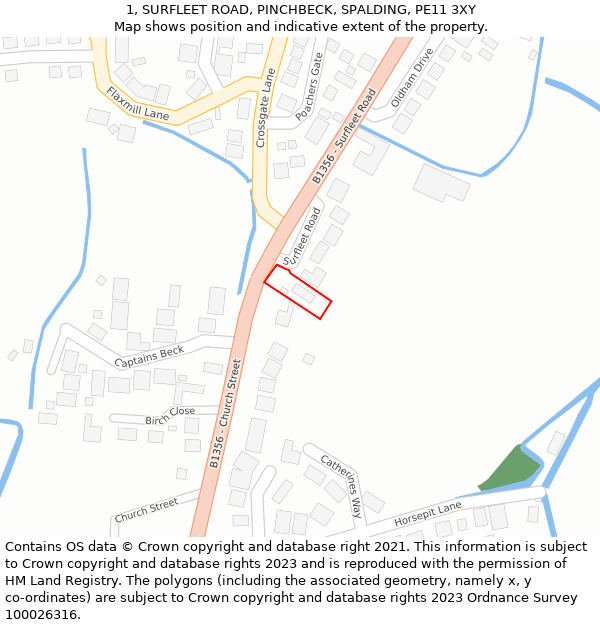 1, SURFLEET ROAD, PINCHBECK, SPALDING, PE11 3XY: Location map and indicative extent of plot