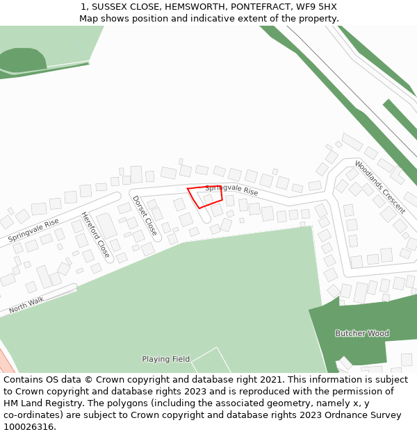 1, SUSSEX CLOSE, HEMSWORTH, PONTEFRACT, WF9 5HX: Location map and indicative extent of plot