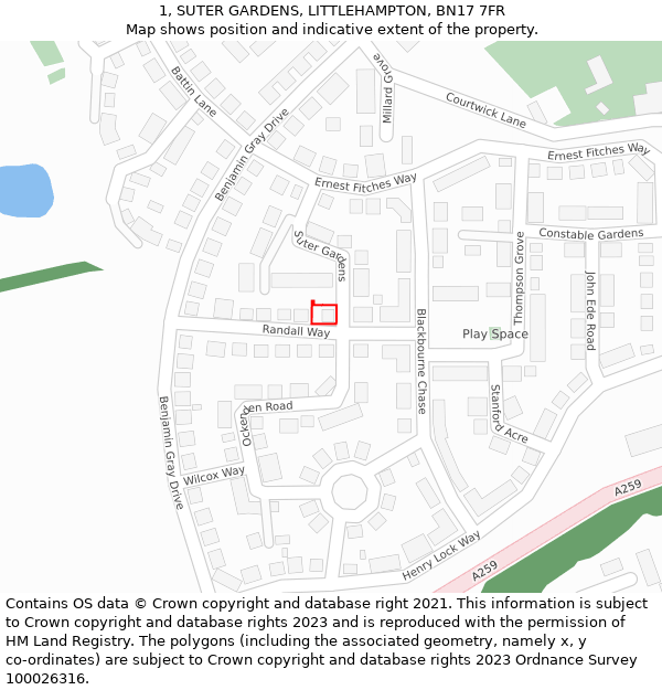 1, SUTER GARDENS, LITTLEHAMPTON, BN17 7FR: Location map and indicative extent of plot