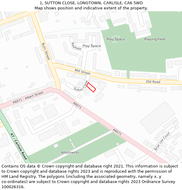 1, SUTTON CLOSE, LONGTOWN, CARLISLE, CA6 5WD: Location map and indicative extent of plot