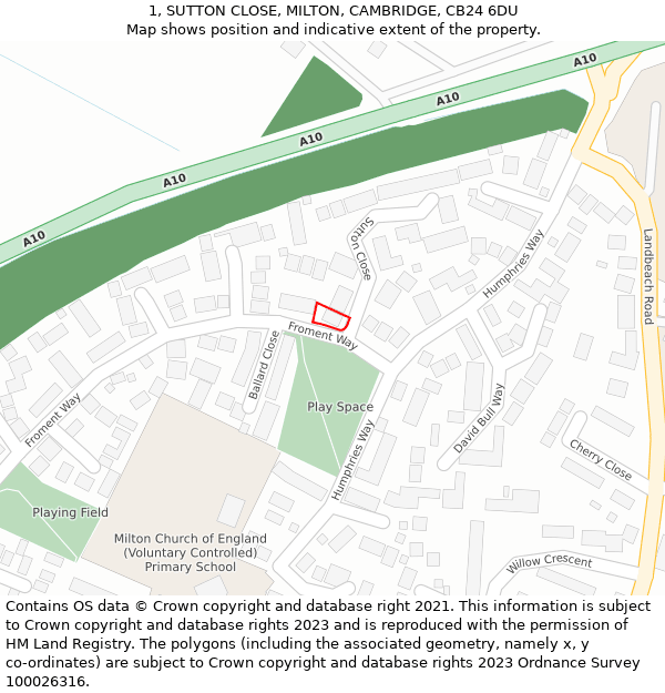 1, SUTTON CLOSE, MILTON, CAMBRIDGE, CB24 6DU: Location map and indicative extent of plot