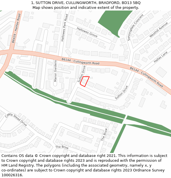 1, SUTTON DRIVE, CULLINGWORTH, BRADFORD, BD13 5BQ: Location map and indicative extent of plot