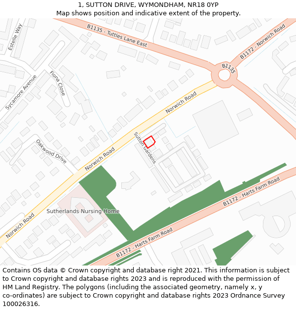 1, SUTTON DRIVE, WYMONDHAM, NR18 0YP: Location map and indicative extent of plot