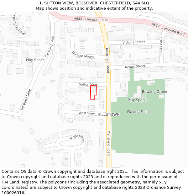 1, SUTTON VIEW, BOLSOVER, CHESTERFIELD, S44 6LQ: Location map and indicative extent of plot