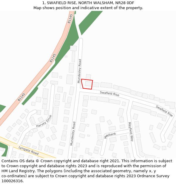 1, SWAFIELD RISE, NORTH WALSHAM, NR28 0DF: Location map and indicative extent of plot
