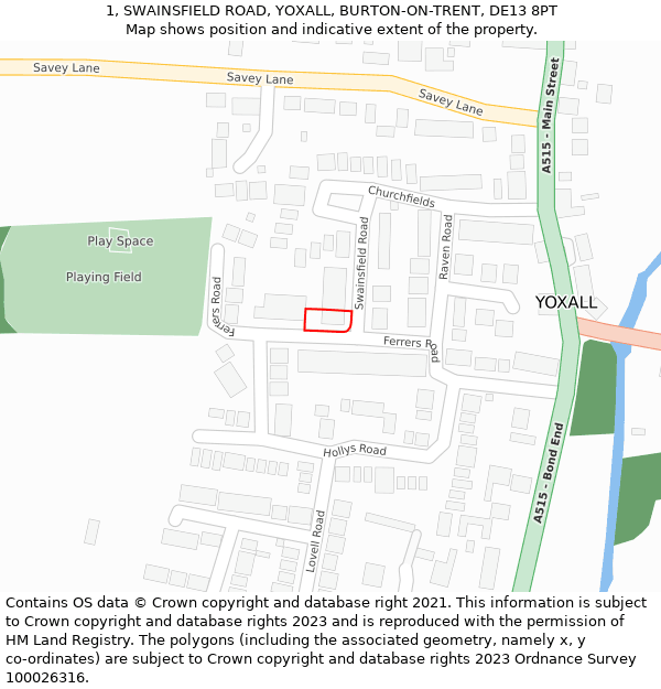 1, SWAINSFIELD ROAD, YOXALL, BURTON-ON-TRENT, DE13 8PT: Location map and indicative extent of plot