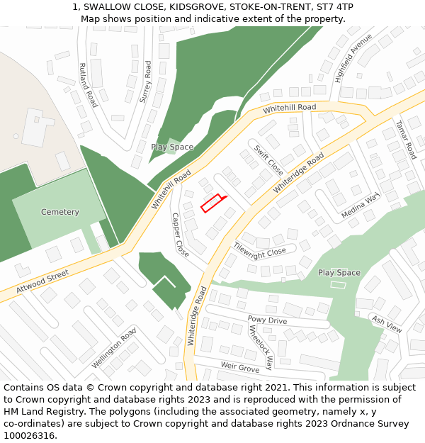 1, SWALLOW CLOSE, KIDSGROVE, STOKE-ON-TRENT, ST7 4TP: Location map and indicative extent of plot