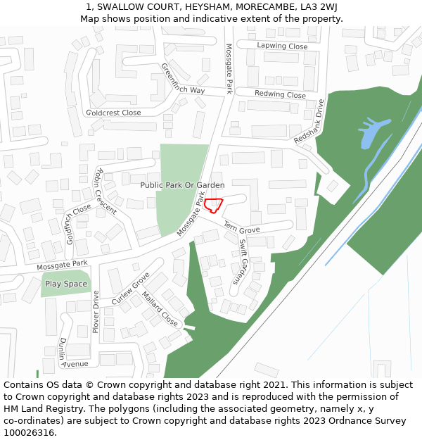 1, SWALLOW COURT, HEYSHAM, MORECAMBE, LA3 2WJ: Location map and indicative extent of plot