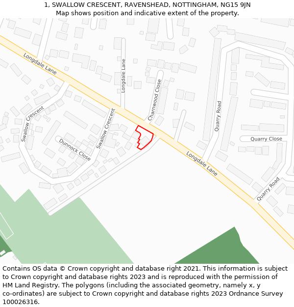 1, SWALLOW CRESCENT, RAVENSHEAD, NOTTINGHAM, NG15 9JN: Location map and indicative extent of plot