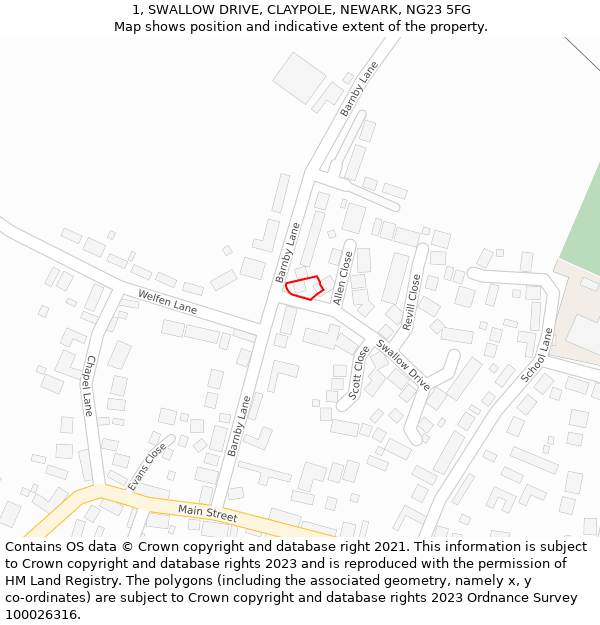 1, SWALLOW DRIVE, CLAYPOLE, NEWARK, NG23 5FG: Location map and indicative extent of plot