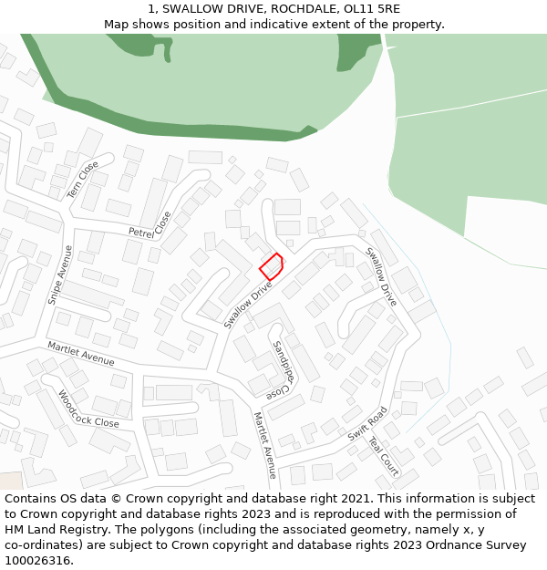 1, SWALLOW DRIVE, ROCHDALE, OL11 5RE: Location map and indicative extent of plot