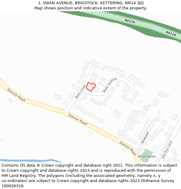 1, SWAN AVENUE, BRIGSTOCK, KETTERING, NN14 3JQ: Location map and indicative extent of plot