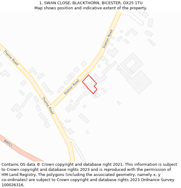 1, SWAN CLOSE, BLACKTHORN, BICESTER, OX25 1TU: Location map and indicative extent of plot