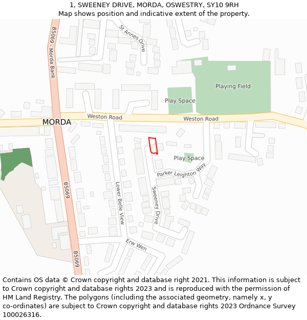 1, SWEENEY DRIVE, MORDA, OSWESTRY, SY10 9RH: Location map and indicative extent of plot