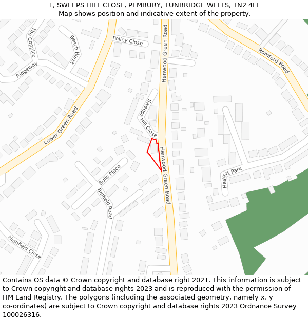 1, SWEEPS HILL CLOSE, PEMBURY, TUNBRIDGE WELLS, TN2 4LT: Location map and indicative extent of plot