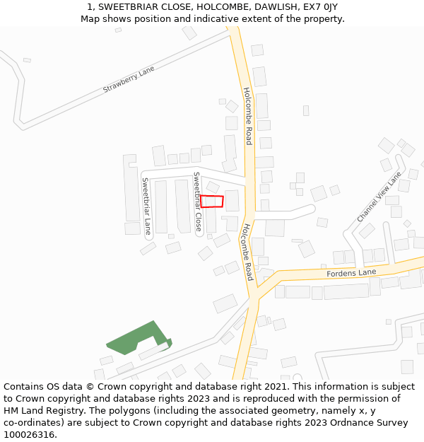 1, SWEETBRIAR CLOSE, HOLCOMBE, DAWLISH, EX7 0JY: Location map and indicative extent of plot