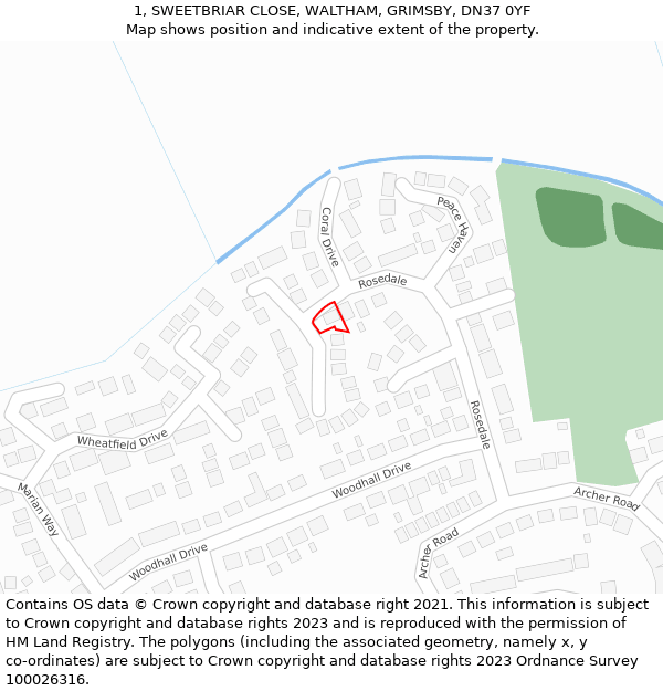 1, SWEETBRIAR CLOSE, WALTHAM, GRIMSBY, DN37 0YF: Location map and indicative extent of plot