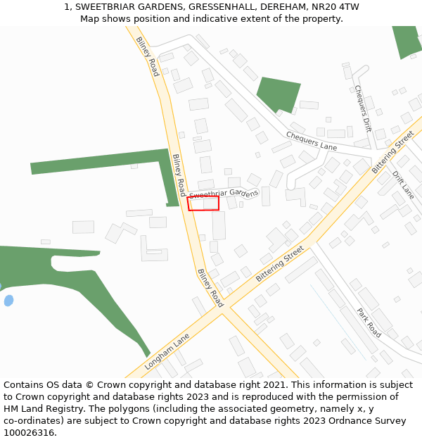 1, SWEETBRIAR GARDENS, GRESSENHALL, DEREHAM, NR20 4TW: Location map and indicative extent of plot