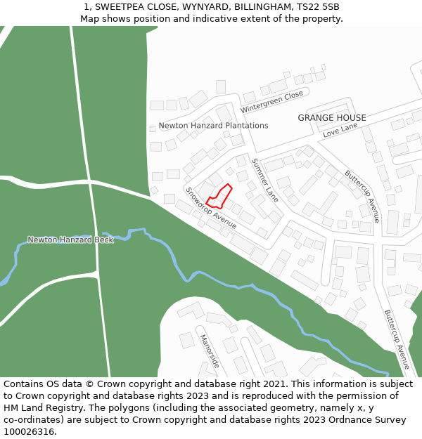 1, SWEETPEA CLOSE, WYNYARD, BILLINGHAM, TS22 5SB: Location map and indicative extent of plot